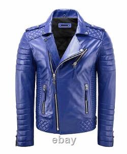 Men Blue Leather Jacket Biker Motorcycle Cafe Racer Soft Lambskin Zipper Short
