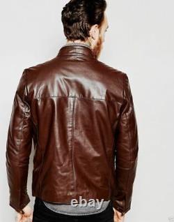 Men Brown Leather Jacket Biker Motorcycle Cafe Racer Soft Lambskin Zipper Short