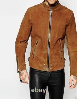 Men Brown Suede Leather Jacket For Men Real Lambskin Leather Jacket Biker Moto