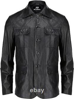 Men Casual Black Collar Classic Bond's Style Lambskin Leather Jacket