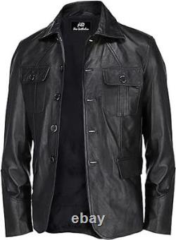 Men Casual Black Collar Classic Bond's Style Lambskin Leather Jacket