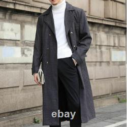 Men Faux Woolen Trench Coat Knee Length Long Double Breasted Jacket Overcoat 9XL