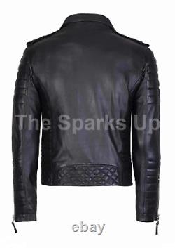 Men Genuine Lambskin Quilted Motorcycle Slim fit Biker Real Leather Jacket