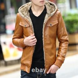 Men Hooded Leather Jacket Fur Collar Zipper Outwear Winter Outdoor Slim Fit New