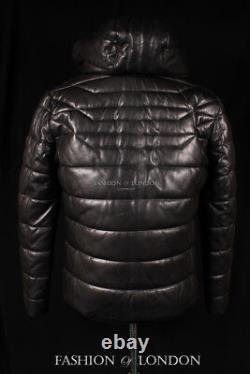 Men ICEBERG PUFFER Quilted Leather Jacket Black Italian Lambskin Leather Jacket