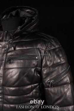 Men ICEBERG PUFFER Quilted Leather Jacket Black Italian Lambskin Leather Jacket