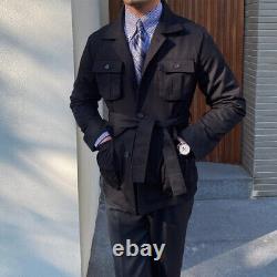 Men Jacket Retro Slim with Belt Casual Overcoat Britain Style Multiple Pockets