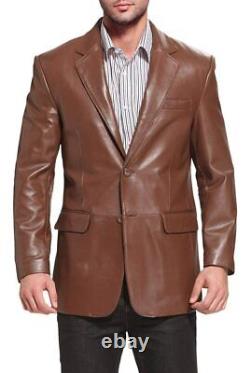 Men Leather Blazer Motorcycle Brown Slim-fit Biker Genuine lambskin jacket Sale