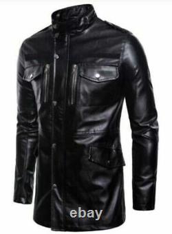 Men Leather Jacket Black Genuine Cowhide Trench Steampunk Coat Motorbike Jacket