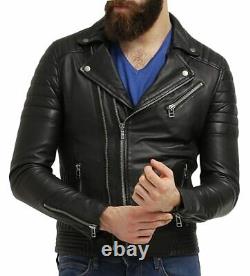 Men Leather Jacket Motorcycle Black Slim-fit Biker Genuine lambskin jacket ZipUp