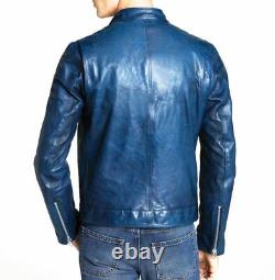 Men Leather Jacket Motorcycle Blue Slim fit Biker Genuine lambskin jacket Vintag