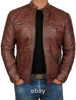 Men Leather Jacket Motorcycle Brown Slim-fit Biker Genuine Lambskin Short Cafe