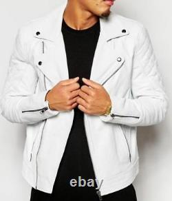 Men Leather Jacket White New Slim fit Biker Genuine Lambskin Jacket