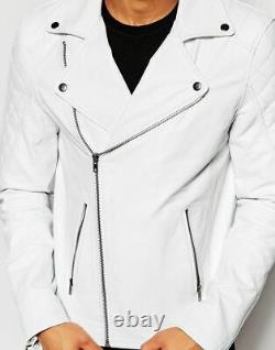Men Leather Jacket White New Slim fit Biker Genuine Lambskin Jacket