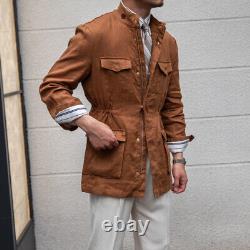 Men Luxury 100% Linen Retro Hunting Jacket Breathable Casual Coats Multi Pocket