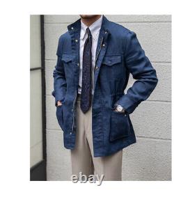 Men Luxury 100% Linen Retro Hunting Jacket Breathable Casual Coats Multi Pocket