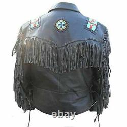 Men Real Leather Western Cowboy Black Jacket With Fringe Beaded Bones Jacket