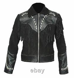 Men Suede And Real Leather Western Cowboy Jacket Black Hunter Style With Fringe
