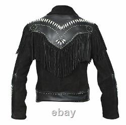 Men Suede And Real Leather Western Cowboy Jacket Black Hunter Style With Fringe