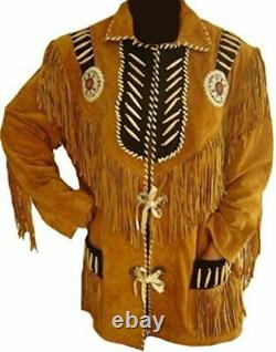 Men Suede Leather Brown Western Cowboy Jacket Black Combination Fringe Style