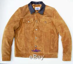 Men TRUCKER Tan Suede Classic Western Denim Style Leather Jacket Brown Collar