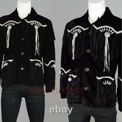 Men Western Cowboy Black Suede Leather Jacket With Fringe Fashion & Bone Coat