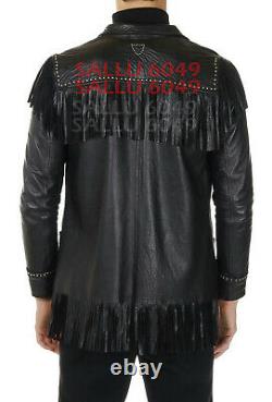 Men Western Cowboy Jacket Real Lambskin Leather Black Hunter Style Fringe Coat