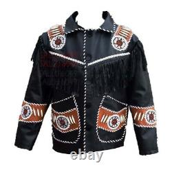 Men Western Cowboy Lambskin Leather Jacket Black With Fringe Beaded Jacket