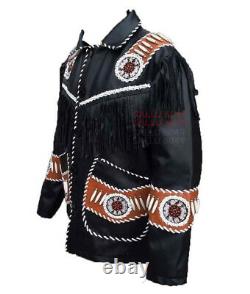Men Western Cowboy Lambskin Leather Jacket Black With Fringe Beaded Jacket