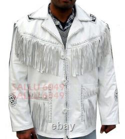 Men Western Cowboy Lambskin Leather Jacket White With Fringe Beaded Jacket
