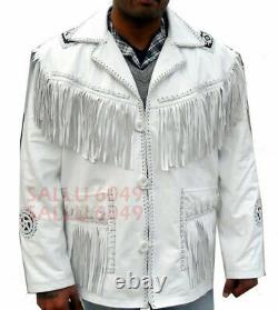 Men Western Cowboy Leather Jacket White With Fringe Beaded Jacket