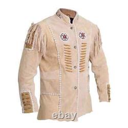 Men Western Cowboy Native American Bead Work Suede Leather Jacket With Fringe