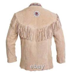 Men Western Cowboy Native American Bead Work Suede Leather Jacket With Fringe