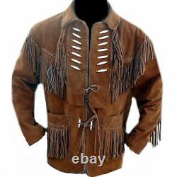 Men Western Cowboy Suede Leather Brown Jacket With Fringe Beaded & Bones