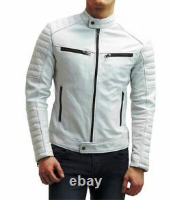 Men White Leather Jacket Biker Motorcycle Cafe Racer Soft Lambskin Zipper Short