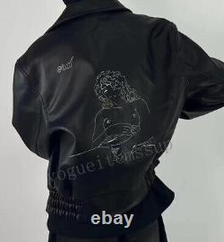 Men embroidered sheepskin leather jacket erdenfantsriches lapel zipper Black