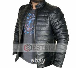 Men's 100% Real Black Lambskin Leather Quilted Zipped Puffer Casual Jacket