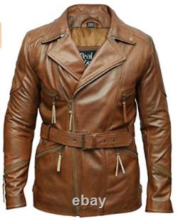 Men's 3/4 Belted Motorcycle Biker Long Cowhide Leather Jacket For Men