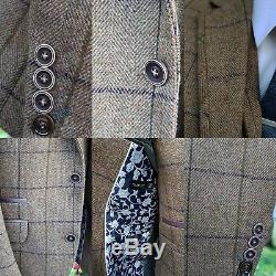 Men's 3 Piece Brown Wool Blend Tweed Check MIX & Match Jacket/waistcoat/jeans