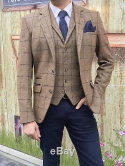 Men's 3 Piece Brown Wool Blend Tweed Check MIX & Match Jacket/waistcoat/jeans