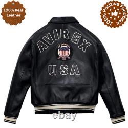Men's American AVIREX Black Real Leather Jacket Bomber Aviator Pilot Flying USA