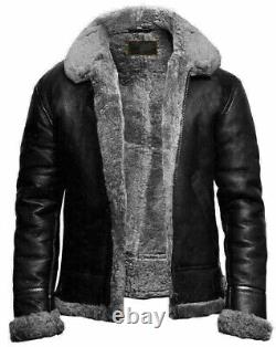 Men's Aviator B3 Black Fur Shearling Genuine Sheepskin Leather Bomber Jacket