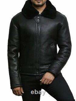 Men's Aviator Shearling Bomber Black Genuine Sheepskin Leather Jacket
