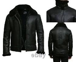 Men's Aviator Shearling Bomber Black Genuine Sheepskin Leather Jacket