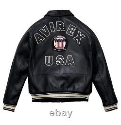 Men's Avirex USA Black Leather jacket Real Bomber American Flight Jacket