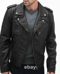 Men's BLACK Leather Jacket Soft Lambskin Motorcycle Cafe Racer Zipper Short
