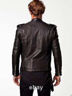 Men's BLACK Leather Jacket Soft Lambskin Motorcycle Cafe Racer Zipper Short