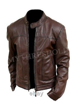 Men's Biker Motorcycle Brown Cafe Racer Genuine Real Leather Jacket