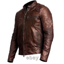 Men's Biker Vintage Distressed Brown Motorcycle Cafe Racer Leather Jacket