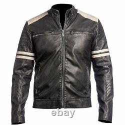 Men's Biker Vintage Style Cafe Racer Retro Distressed Leather Jacket /US Seller